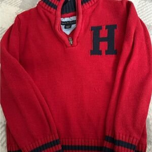 Tommy Hilfiger Red Zip-Up Sweater with Navy Accents